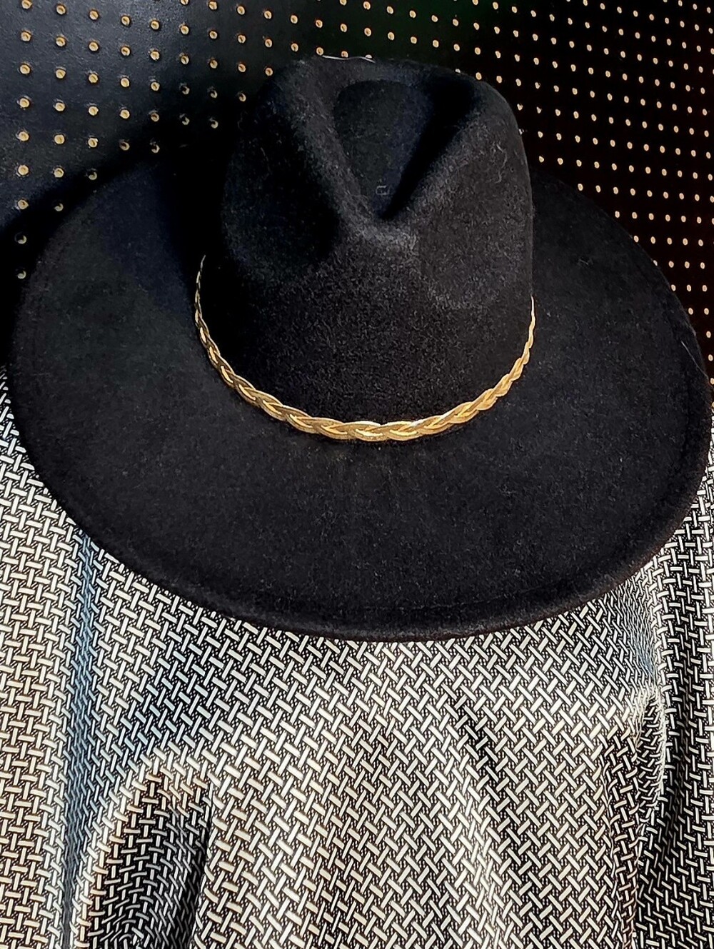 NWT AVARA Black Hat With Gold Braided Metal Hatband - Gorggeous